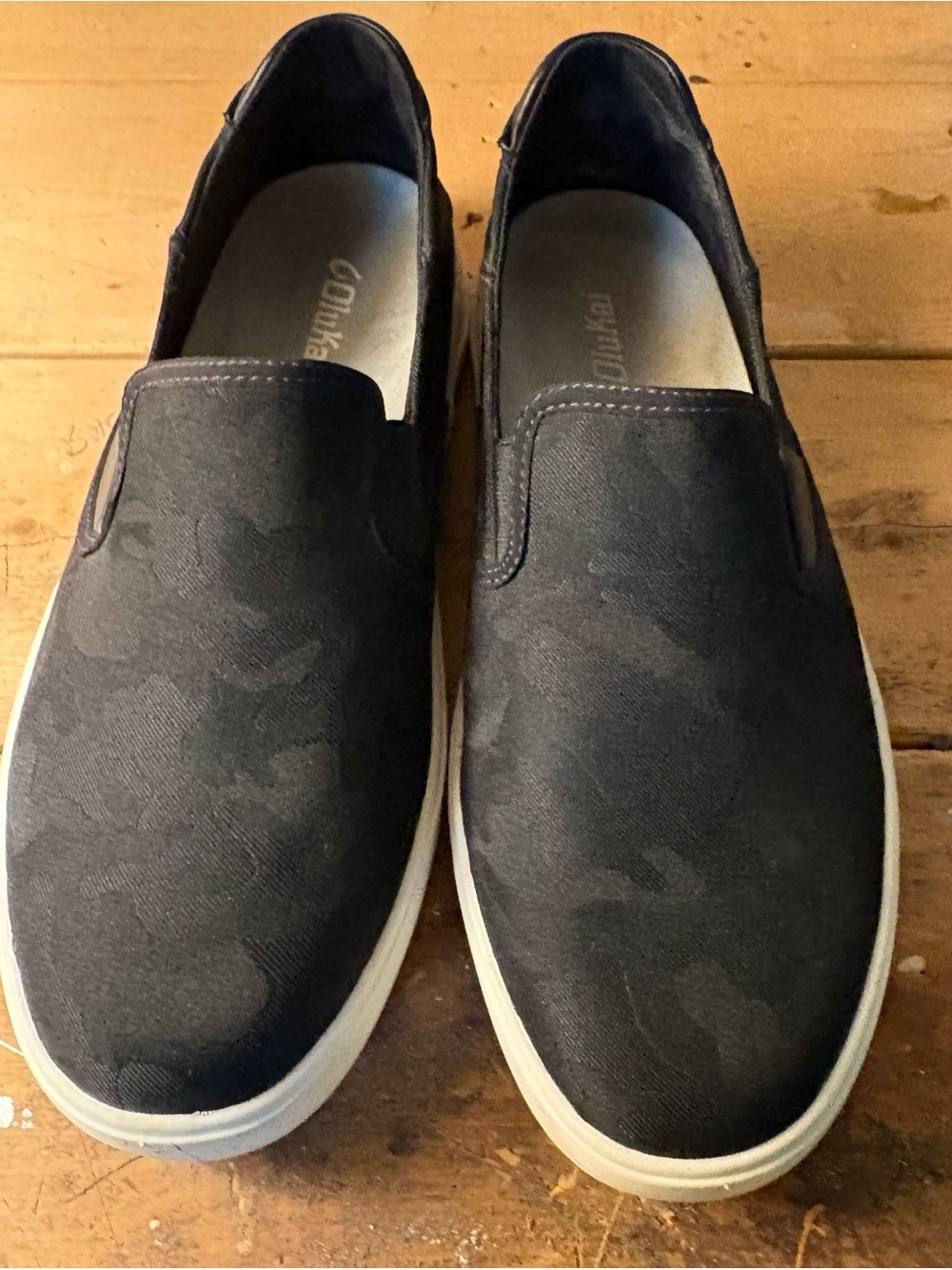 OluKai Black Slip-On Loafers with White Sole